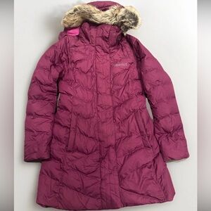 Marmot Women’s Down Varma Faux Fur Hooded Long Jacket Purple/Pink - small